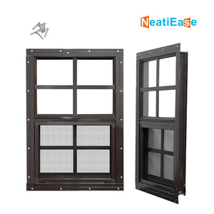 NeatiEase 2 Pack Brown Shed Windows Flush Mount Window with Tempered Glass and Fiberglass Screen for Shed, Chicken Coop, Playhouse, Household, Garage