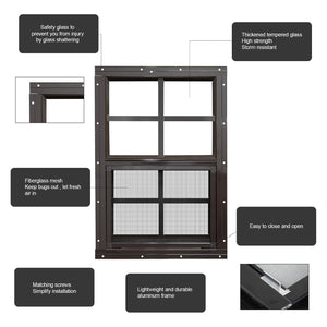 NeatiEase 2 Pack Brown Shed Windows Flush Mount Window with Tempered Glass and Fiberglass Screen for Shed, Chicken Coop, Playhouse, Household, Garage