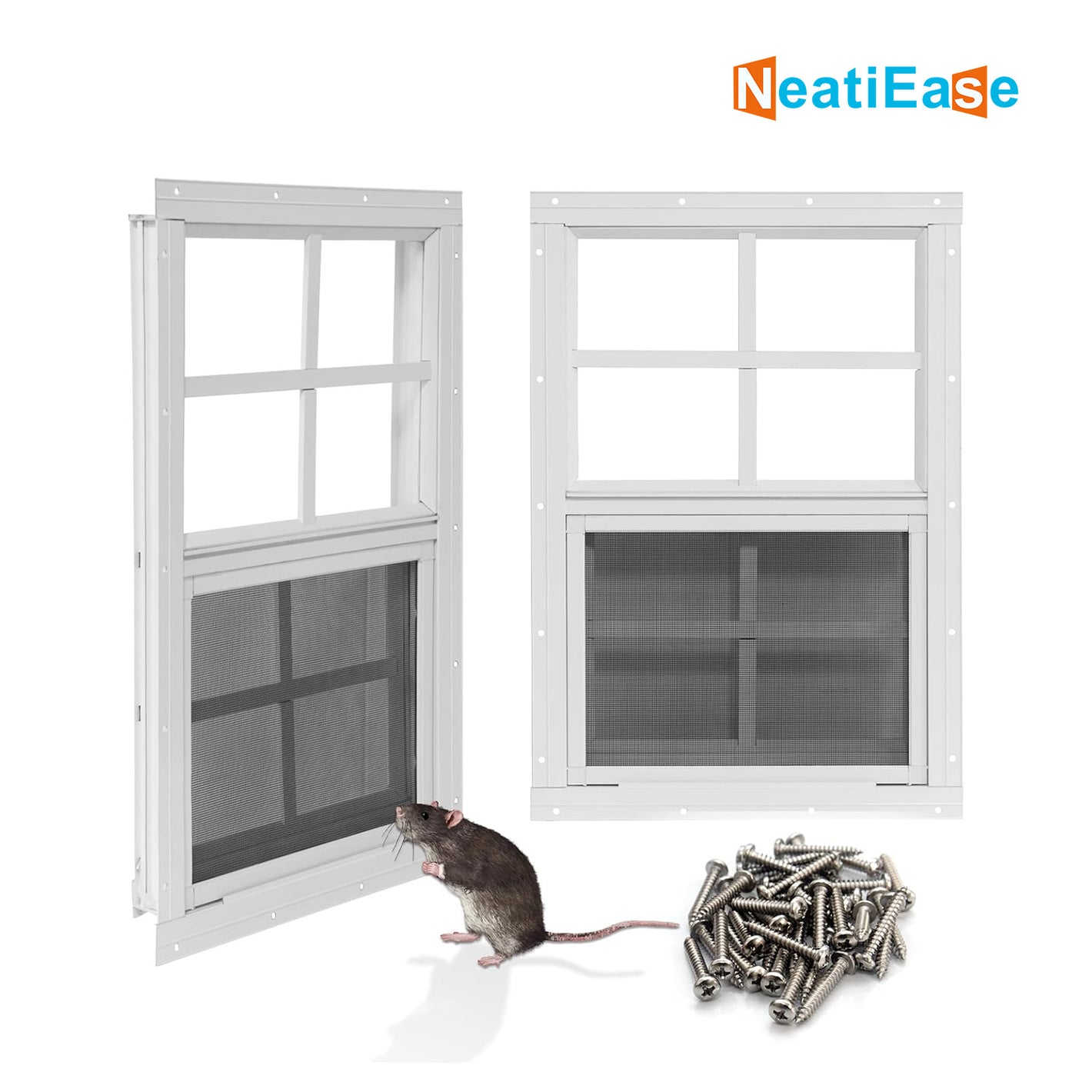 NeatiEase Upgraded (White) Shed Windows 2 Pack, Windows with Tempered Glass and Stainless Steel Screen for Shed, Chicken Coop, Playhouse, Household, Garage