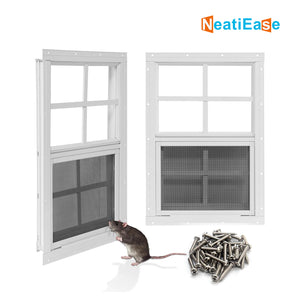 NeatiEase Upgraded (White) Shed Windows 2 Pack, Windows with Tempered Glass and Stainless Steel Screen for Shed, Chicken Coop, Playhouse, Household, Garage