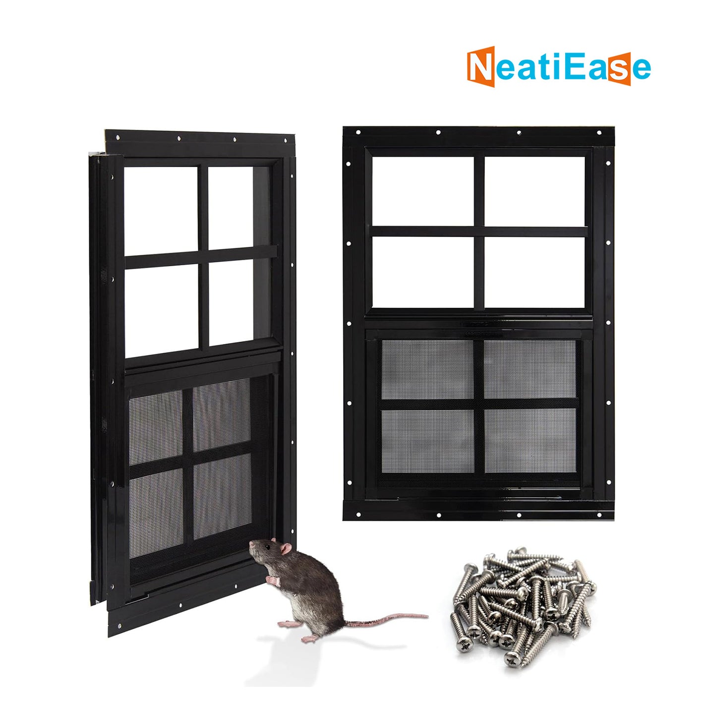 NeatiEase Upgraded (Black) Shed Windows 2 Pack, Windows with Tempered Glass and Stainless Steel Screen for Shed, Chicken Coop, Playhouse, Household, Garage