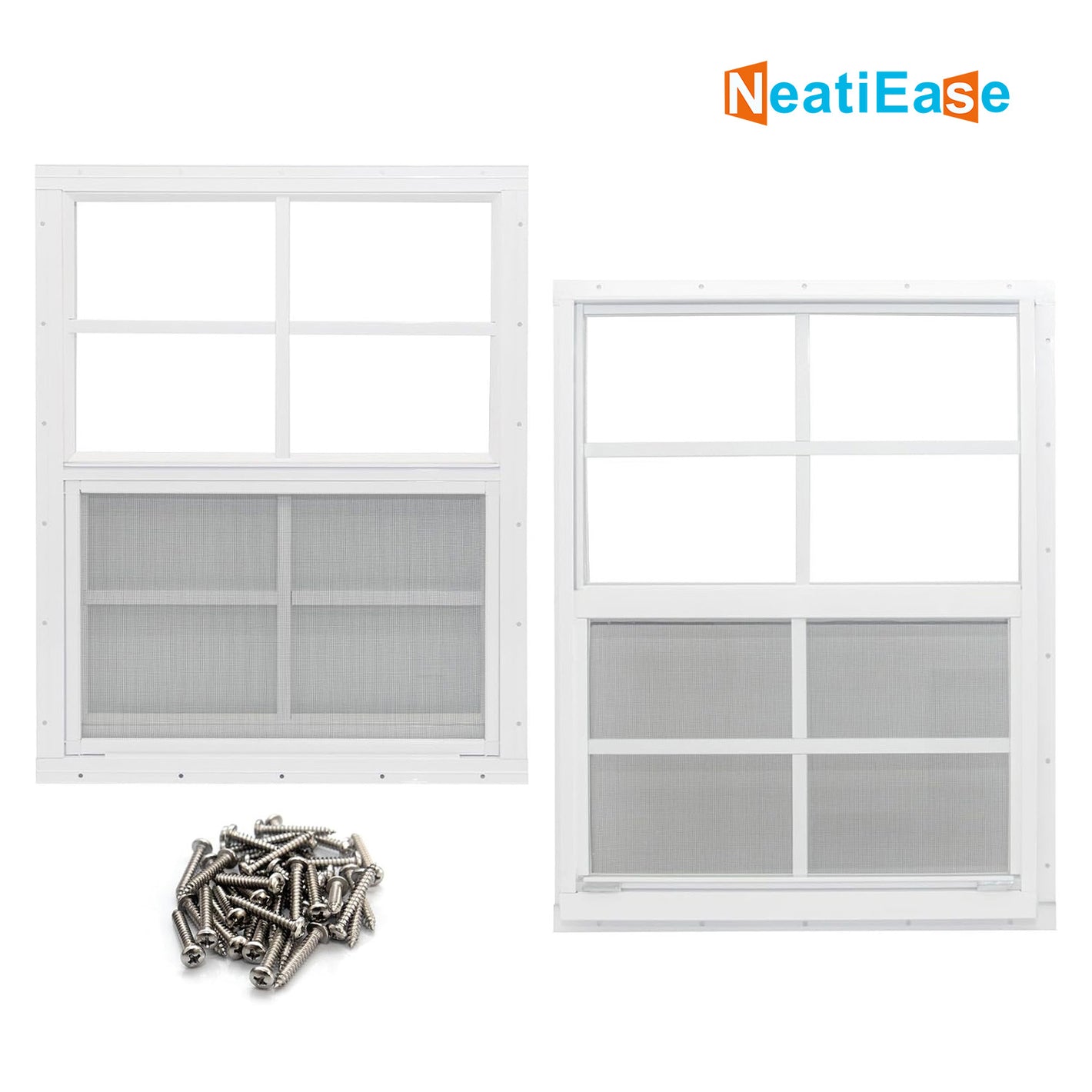 NeatiEase 2 Pack White Shed Windows Flush Mount Window with Tempered Glass and Fiberglass Screen for Shed, Chicken Coop, Playhouse, Household, Garage