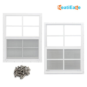 NeatiEase 2 Pack White Shed Windows Flush Mount Window with Tempered Glass and Fiberglass Screen for Shed, Chicken Coop, Playhouse, Household, Garage