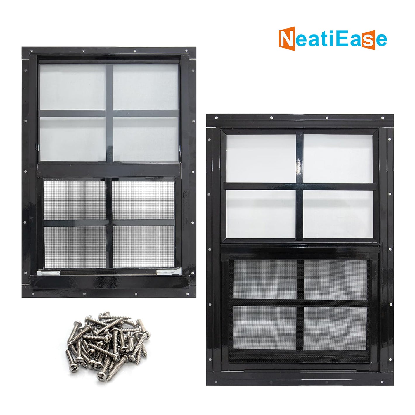 NeatiEase 2 Pack Black Shed Windows Flush Mount Window with Tempered Glass and Fiberglass Screen for Shed, Chicken Coop, Playhouse, Household, Garage