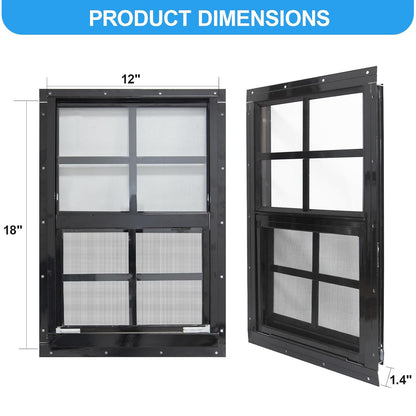 NeatiEase 2 Pack Black Shed Windows Flush Mount Window with Tempered Glass and Fiberglass Screen for Shed, Chicken Coop, Playhouse, Household, Garage