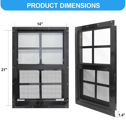 NeatiEase 2 Pack Black Shed Windows Flush Mount Window with Tempered Glass and Fiberglass Screen for Shed, Chicken Coop, Playhouse, Household, Garage