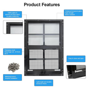 NeatiEase 2 Pack Black Shed Windows Flush Mount Window with Tempered Glass and Fiberglass Screen for Shed, Chicken Coop, Playhouse, Household, Garage