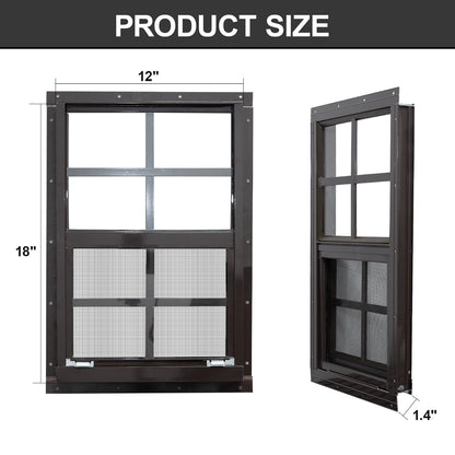NeatiEase 2 Pack Brown Shed Windows Flush Mount Window with Tempered Glass and Fiberglass Screen for Shed, Chicken Coop, Playhouse, Household, Garage