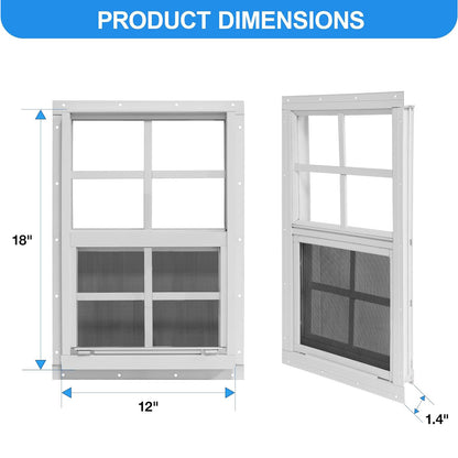 NeatiEase Upgraded (White) Shed Windows 2 Pack, Windows with Tempered Glass and Stainless Steel Screen for Shed, Chicken Coop, Playhouse, Household, Garage