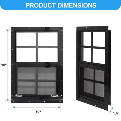 NeatiEase Upgraded (Black) Shed Windows 2 Pack, Windows with Tempered Glass and Stainless Steel Screen for Shed, Chicken Coop, Playhouse, Household, Garage