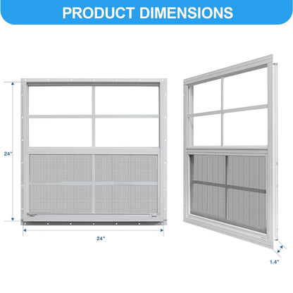 NeatiEase Upgraded (White) Shed Windows 2 Pack, Windows with Tempered Glass and Stainless Steel Screen for Shed, Chicken Coop, Playhouse, Household, Garage
