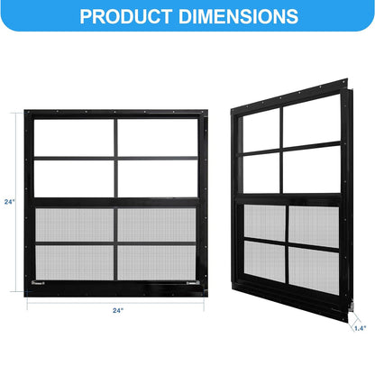 NeatiEase Upgraded (Black) Shed Windows 2 Pack, Windows with Tempered Glass and Stainless Steel Screen for Shed, Chicken Coop, Playhouse, Household, Garage