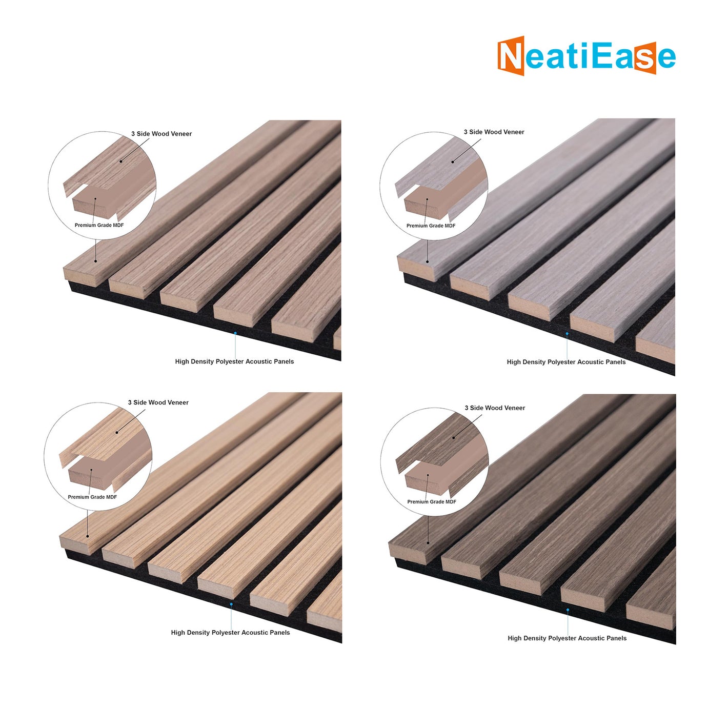 NeatiEase 4 PCS Acoustic Wood Slat Wall Panels - 48 x 22 Inch Fluted Sound Absorbing Panel for Wall and Ceiling - Wall Panels for Interior Wall Decor for Homes, Offices, Studios