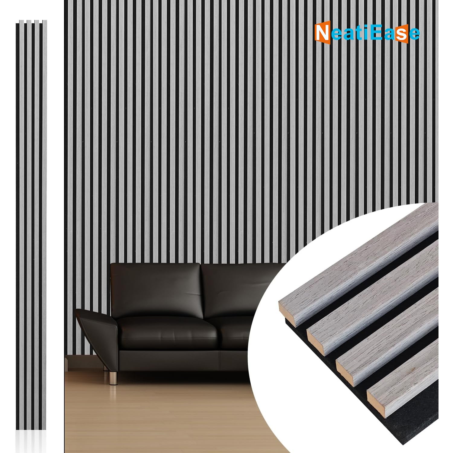 NeatiEase (Gray) 3D Wood Wall Panel, 9 Feet Acoustic Slat Wall Panels