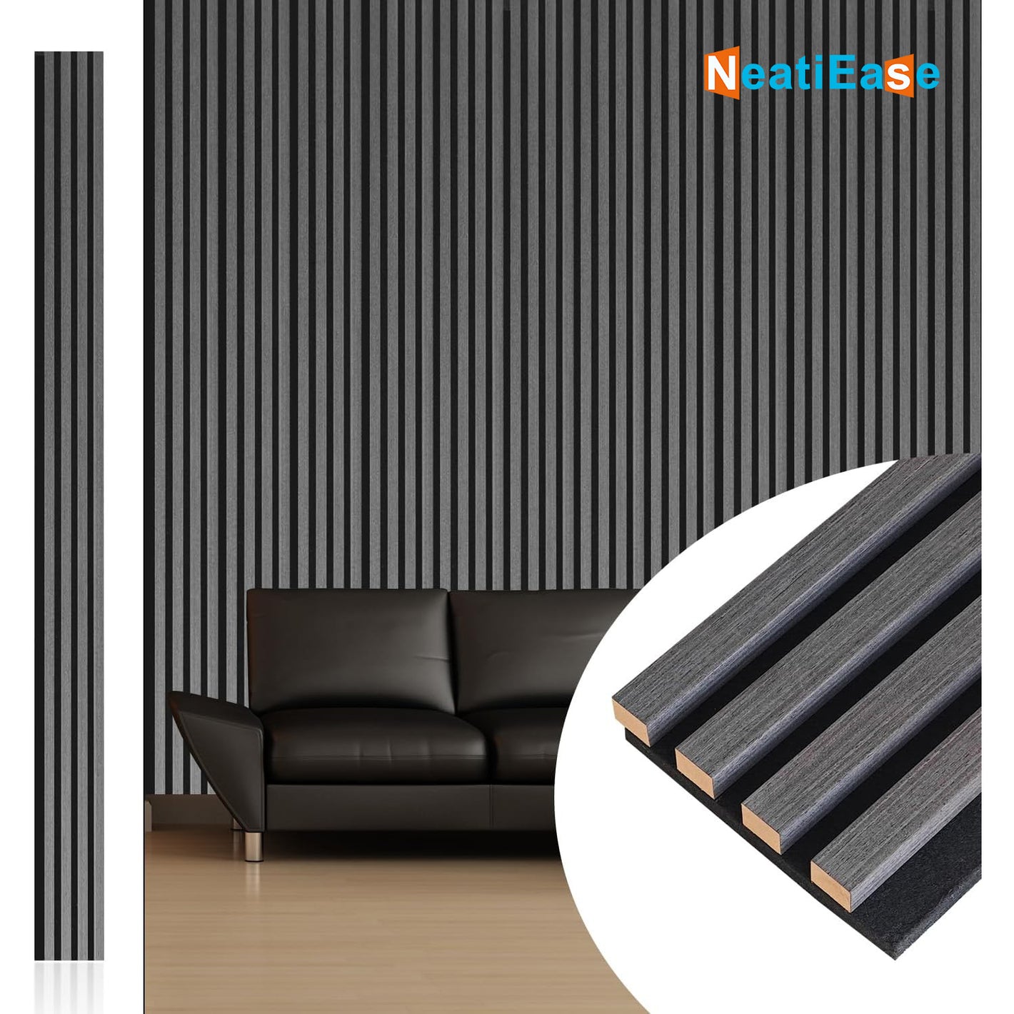 NeatiEase (Dark Gray) 3D Wood Wall Panel, 9 Feet Acoustic Slat Wall Panels for Interior Wall Decor and Noise Reduction, Decorative Slat Wall Paneling